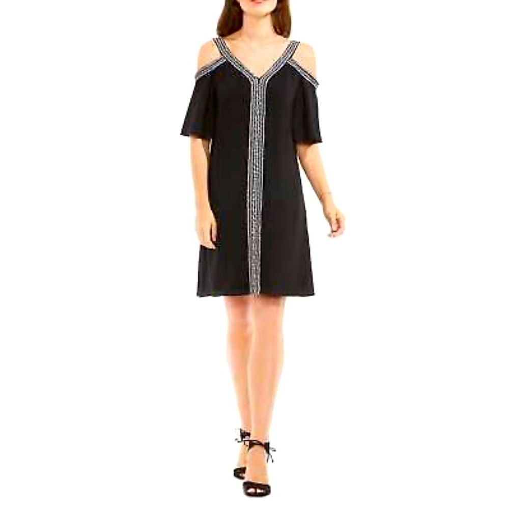 Vince Camuto (A8-30*) Cold-Shoulder Embroidered Shift Dress Rich Black Size-12p